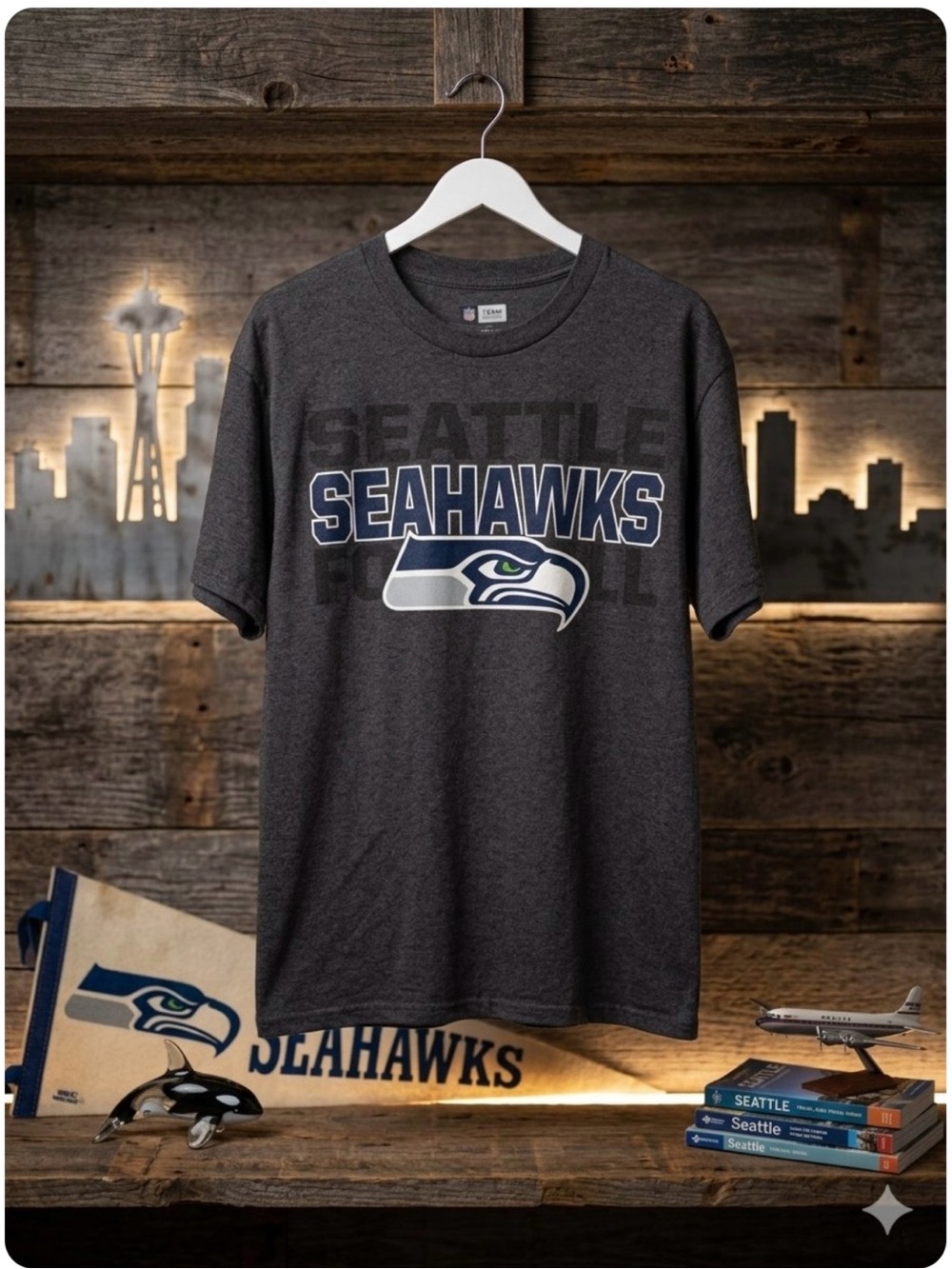 Team Apparel Seattle Seahawks Charcoal Gray Graphic Tee. Men size L